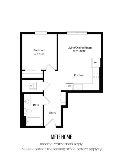 A floor plan of an MFTE home with income restrictions and a note to contact the leasing office before applying.